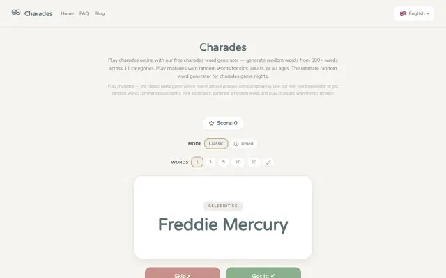 Screenshot of Charades — Play charades online with our free charades word generator — generate
