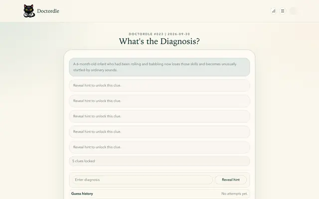 Screenshot of Play Doctordle — Diagnose Today's Case | Free Medical Puzzle