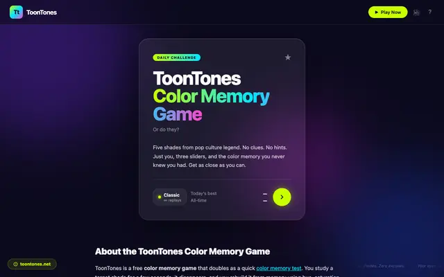 Screenshot of ToonTones · Color Memory Game — Match the Shade