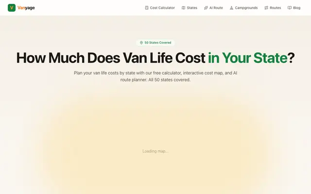 Screenshot of Van Life Cost Calculator by State (2026) | Vanyage