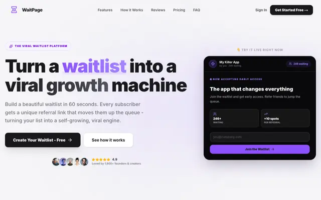 Screenshot of WaitPage - Turn a Waitlist into a Viral Growth Machine