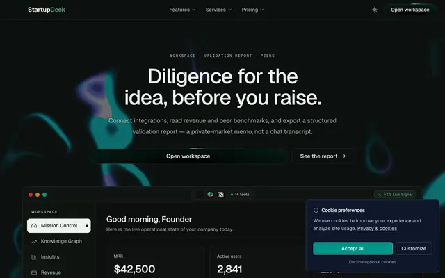 Screenshot of StartupDeckAI — Best Free AI Startup Idea Validation Tool 2026
