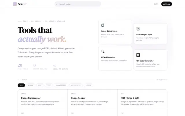 Screenshot of Free Online Tools — Image Compressor, PDF Merge, QR Generator | Neatkit