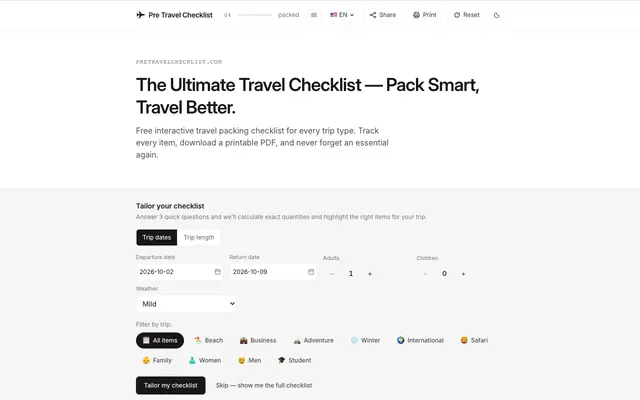 Screenshot of Free Travel Checklist — Ultimate Packing List for Every Trip