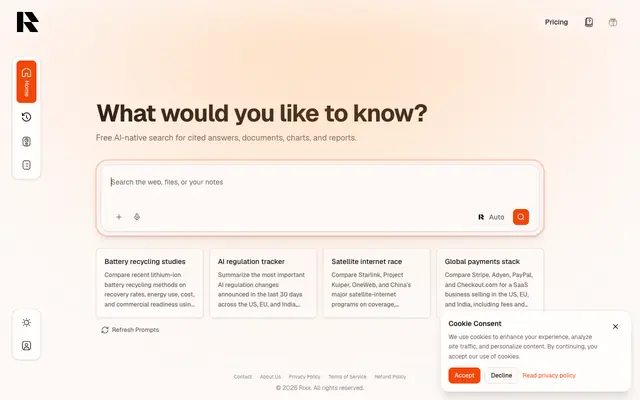 Screenshot of Free AI-Native Search for Cited Answers | Rixx