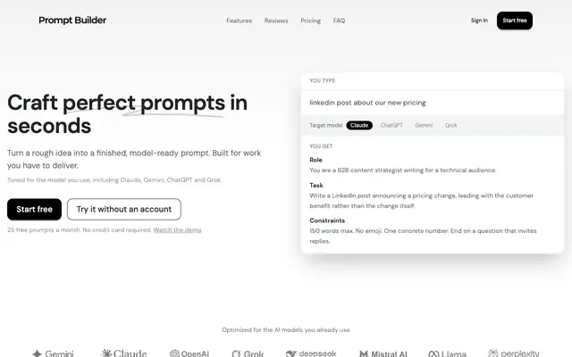Screenshot of Prompt Builder - Free AI Prompt Generator for Every Model