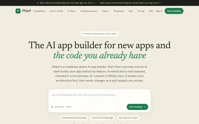 Screenshot of Shipd — Describe an app. Ship the real thing.