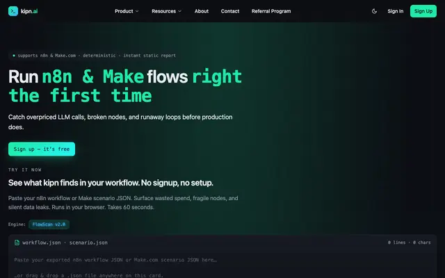 Screenshot of Free n8n & Make workflow optimization | kipn.ai