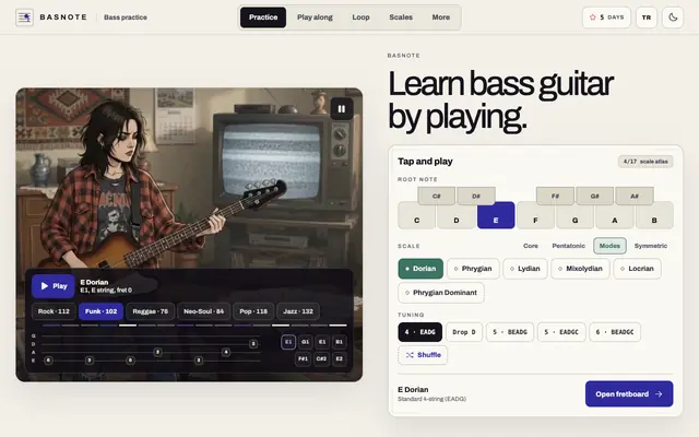 Screenshot of Bass practice workspace | Basnote