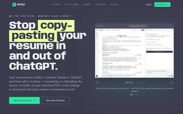 Screenshot of Refyn — AI Resume Tailoring, One Conversation at a Time