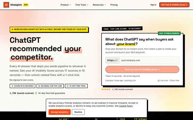 Screenshot of Vinespire — ChatGPT recommends your competitors. Fix AI visibility in 10 seconds