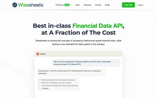 Screenshot of Wisesheets Stock API | Institutional Financial Data API