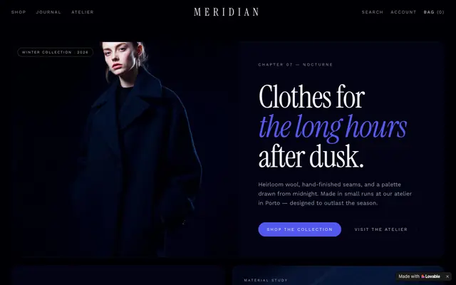 Screenshot of MERIDIAN — Considered Clothing for the Modern Wardrobe