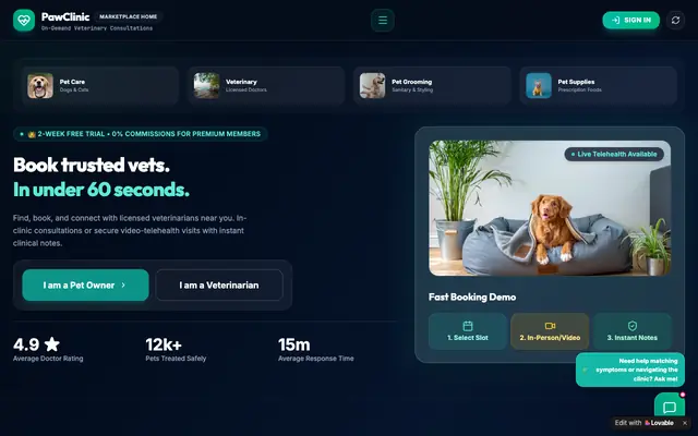 Screenshot of PawClinic — Modern Veterinary Marketplace