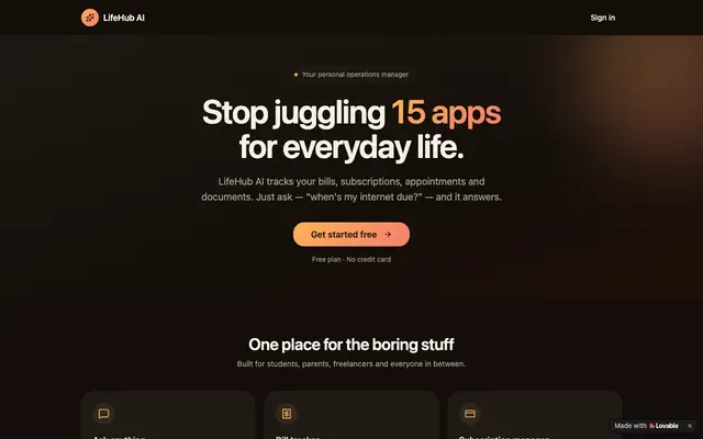 Screenshot of LifeHub AI — Your personal operations manager
