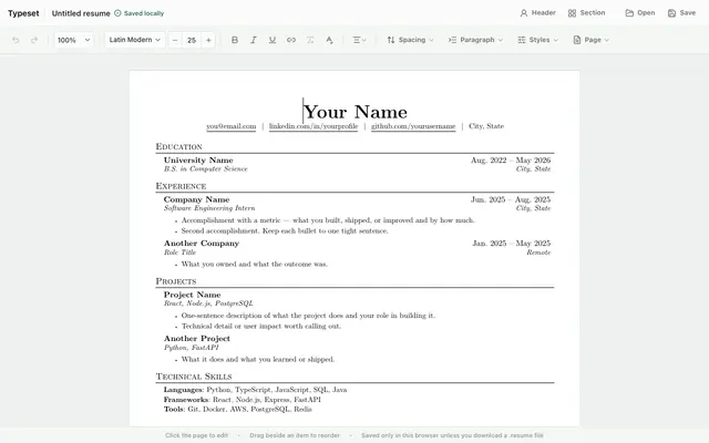Screenshot of jakeforge — Jake's-style resume editor