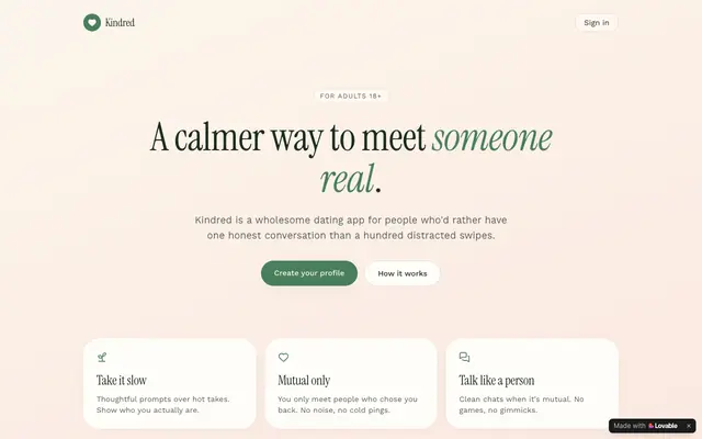 Screenshot of Kindred — a calmer way to meet someone