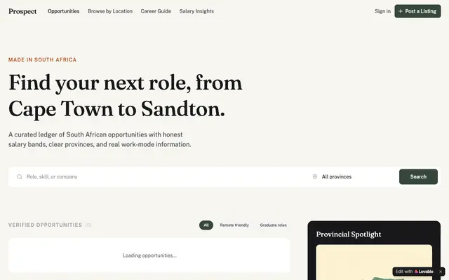 Screenshot of Prospect — Find your next job in South Africa