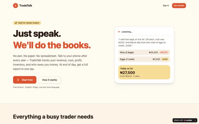 Screenshot of TradeTalk — Just speak. We'll do the books.