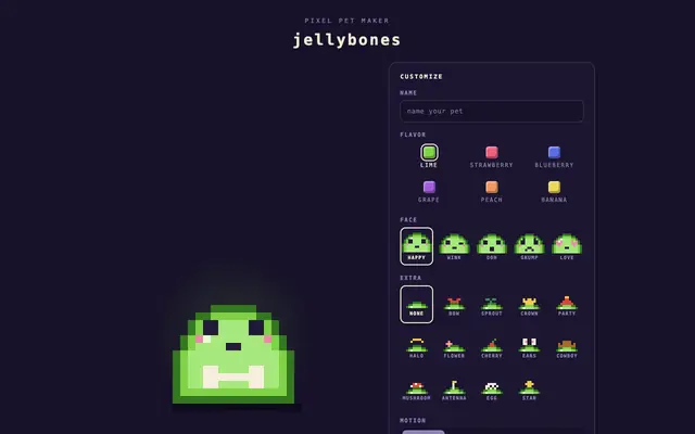 Screenshot of jellybones — tiny wobbly pixel pets