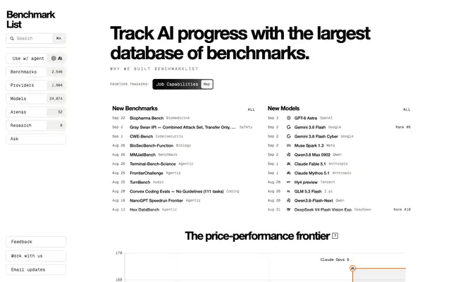 Screenshot of AI Benchmark Leaderboards & Model Evals | BenchmarkList