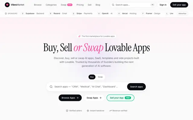 Screenshot of VibesMarket — Buy, sell or swap Lovable apps