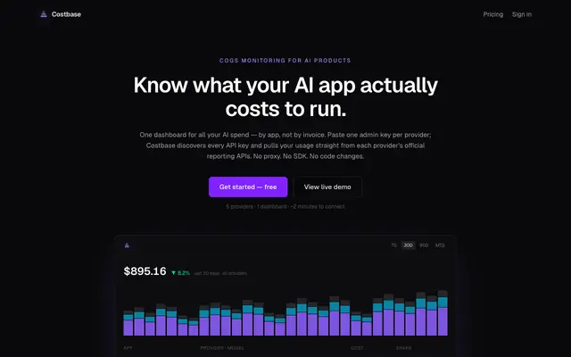 Screenshot of Costbase — know what your AI app actually costs to run