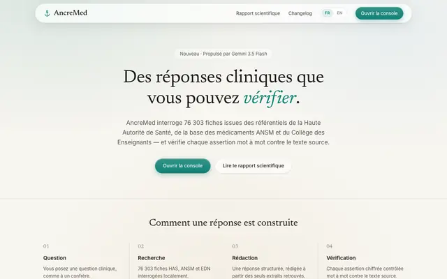 Screenshot of AncreMed — Intelligence Clinique Vérifiée