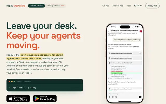 Screenshot of Happy — Remote Control for Claude Code & Codex