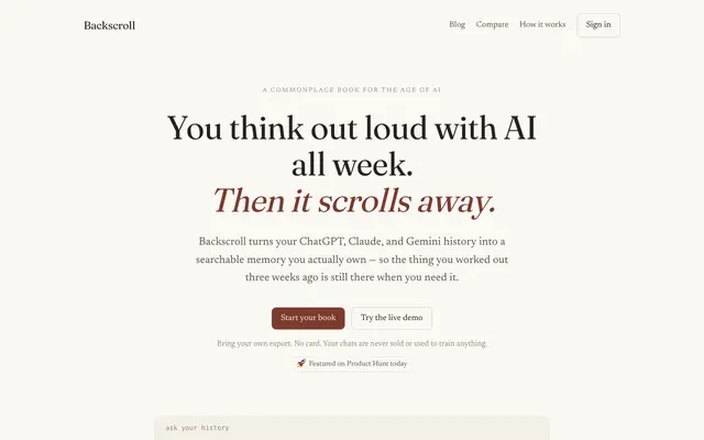 Screenshot of Search Your AI Chat History — ChatGPT, Claude, Gemini | Backscroll