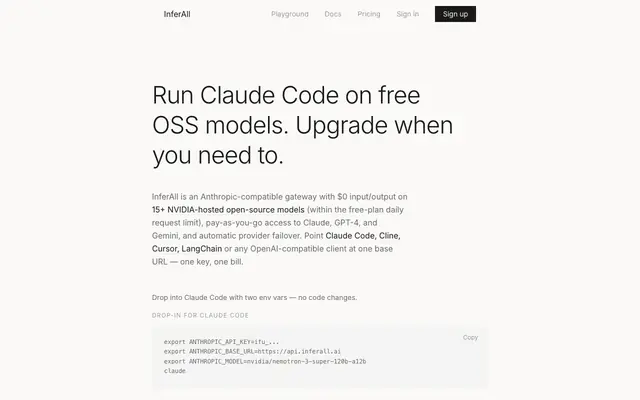 Screenshot of InferAll — Unified AI API for OpenAI, Claude, Gemini & 207+ Models