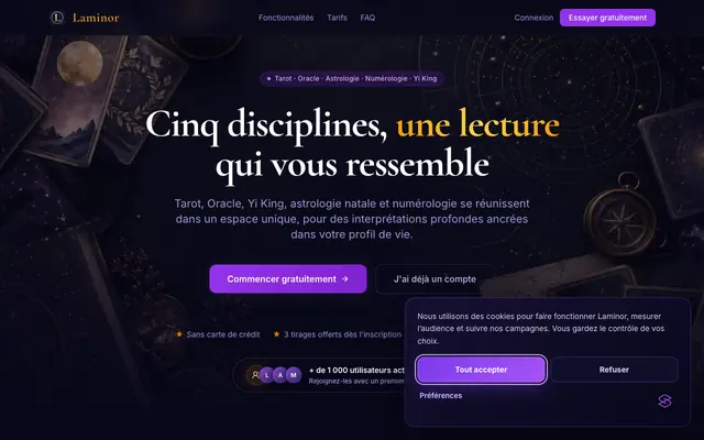 Screenshot of Laminor - Tarot, astrologie et numérologie personnalisés