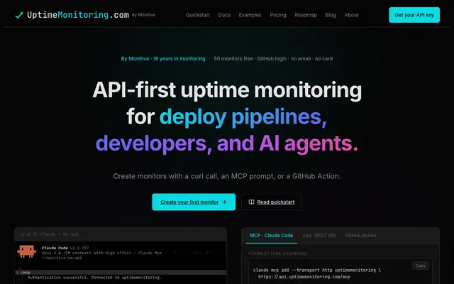 Screenshot of UptimeMonitoring.com — API-first uptime monitoring for deploy pipelines, develop