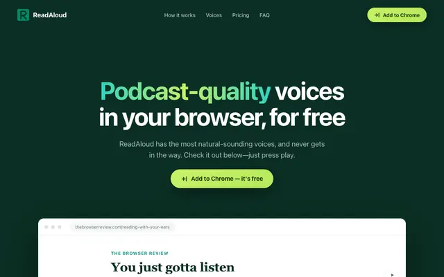 Screenshot of ReadAloud — Podcast-quality voices in your browser