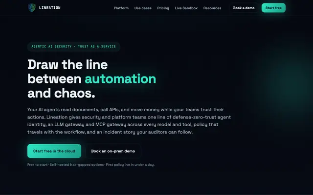 Screenshot of Lineation — Agentic AI Security | Govern, Trace & Defend AI Agents