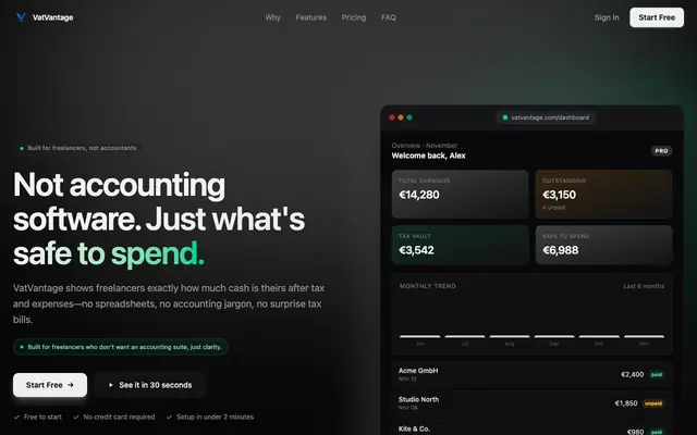 Screenshot of VatVantage — Stop tracking your business in spreadsheets