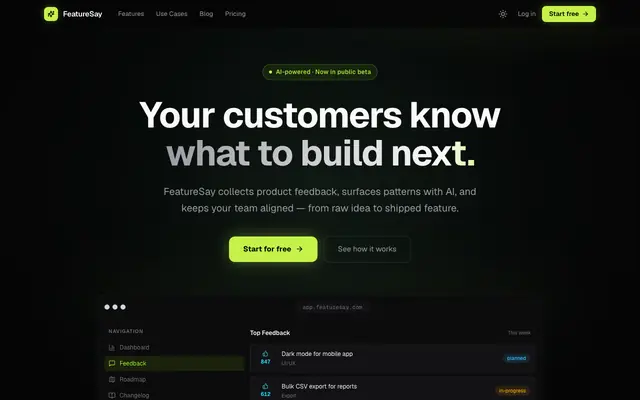 Screenshot of FeatureSay — AI-Powered Product Feedback Platform