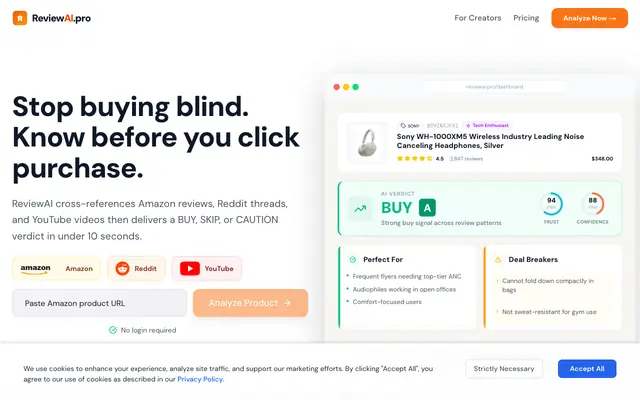 Screenshot of ReviewAI – Amazon Reviews + Reddit + YouTube AI Analyzer