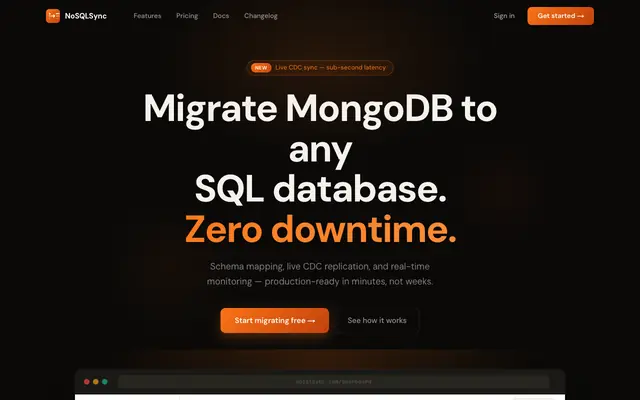 Screenshot of NoSQLSync — Migrate MongoDB to Any SQL Database
