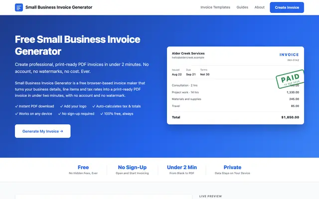 Screenshot of Small Business Invoice Generator - Free and instant
