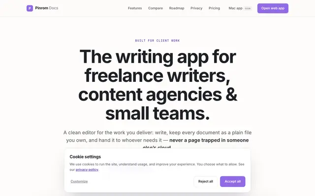 Screenshot of Pinrom Docs — write offline, share without paying for seats
