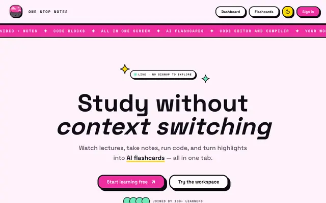 Screenshot of One Stop Notes — Video, notes, code and flashcards on one screen