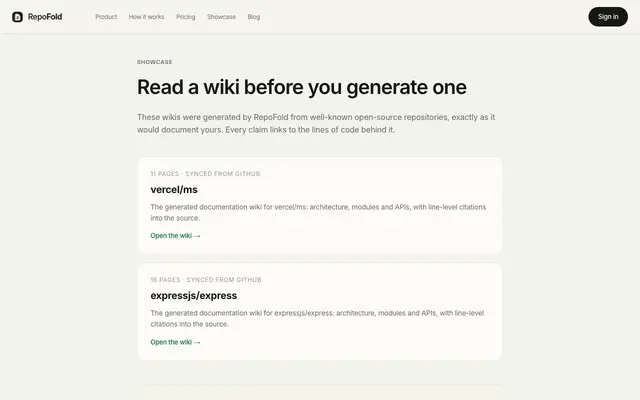 Screenshot of Showcase: live example wikis · RepoFold