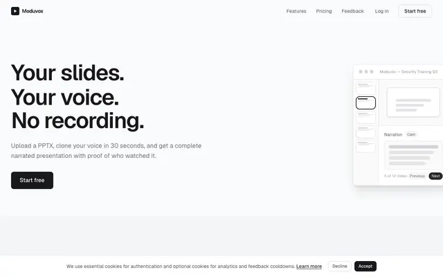 Screenshot of Moduvox - Your slides. Your voice. No recording.