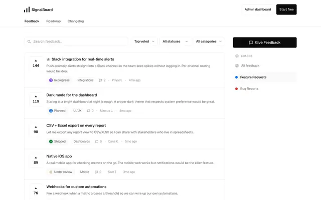 Screenshot of Feature Requests feedback · SignalBoard