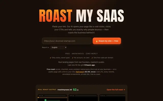 Screenshot of Roast My SaaS 🔥 — the internet's open mic for SaaS