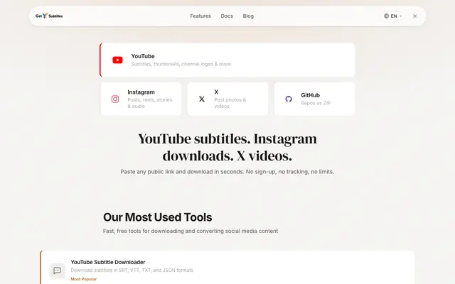 Screenshot of Free YouTube Tools for Creators & Developers | GetYTSubtitles