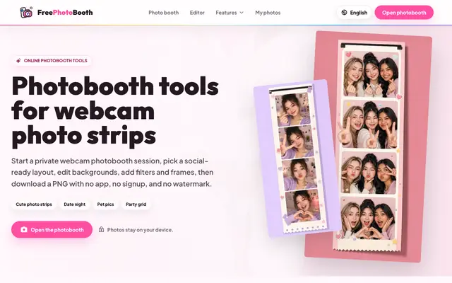 Screenshot of FreePhotoBooth Online | Photobooth Tools & Photo Strips