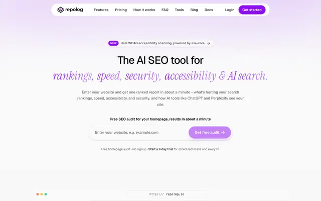 Screenshot of Repolog - SEO, Performance, Security & AI Readiness audits