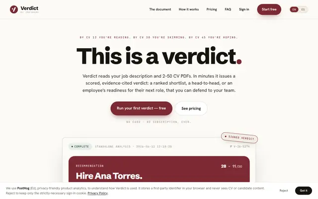 Screenshot of Verdict · Hire on evidence. Put it in writing.